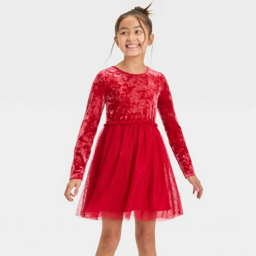 Long Sleeve Velour Tulle Red Velvet Girl's Holiday Dress-Cat & Jack XS